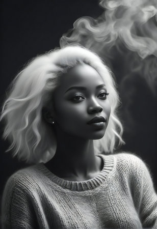 Black and white portrait of a beautiful blonde woman in a knitted sweaterの素材