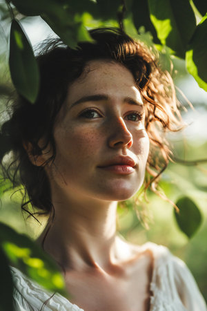 Portrait of a beautiful young woman with curly hair in the forestの素材