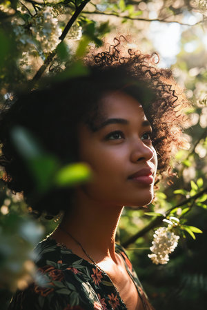 Portrait of a beautiful young african american woman with curly hair in the gardenの素材