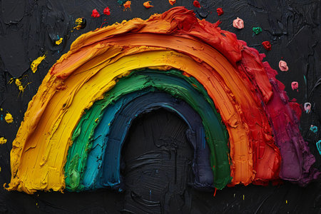 Rainbow painted with oil paints on a black background, close-upの素材