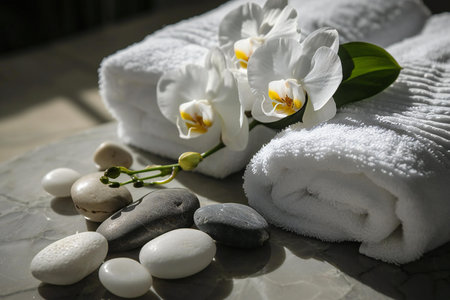 Spa still life with white orchid flowers, stones and towelsの素材