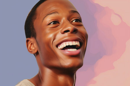 Portrait of a happy young african american man laughing against purple backgroundの素材