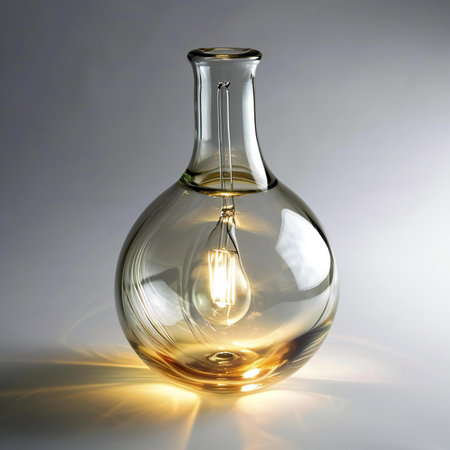 Light bulb in a glass flask on a gray background.の素材