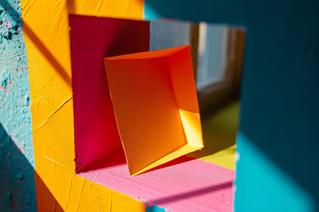 Colorful paper sheets on a colorful wall background. Abstract background.の素材