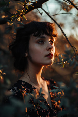 Portrait of a beautiful young woman in the garden at sunset.の素材