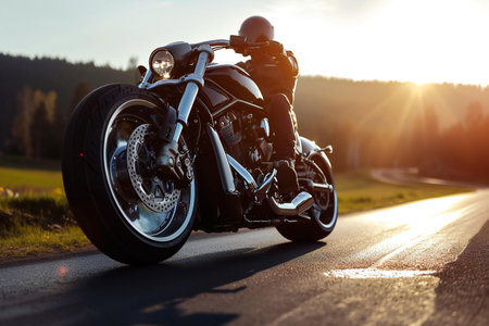 Motorcycle on the road in the rays of the setting sun.の素材