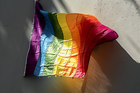 Rainbow flag on a white wall. Symbol of LGBT community.の素材