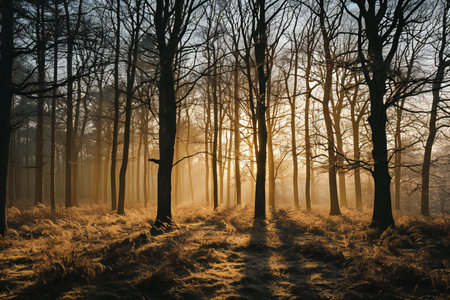 Sunrise in the autumn forest with fog and sunbeams.の素材