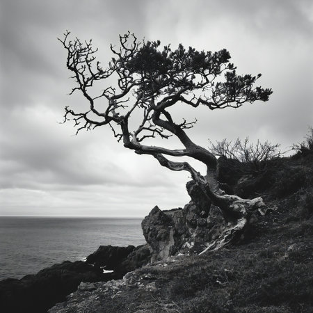 Pine tree on a rock by the sea in black and whiteの素材