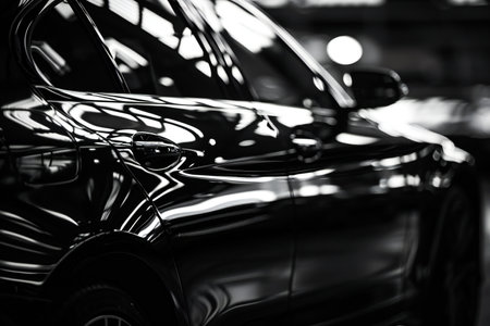 Close up of black car in the showroom. Selective focus.の素材