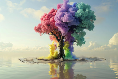 Tree with colorful smoke isolated on the water.の素材