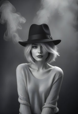 Portrait of a beautiful girl in a hat with smoke on a gray backgroundの素材