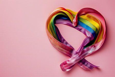 Rainbow ribbon in the shape of a heart on a pink backgroundの素材