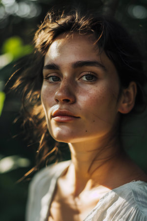 Portrait of a beautiful young woman with freckles on her faceの素材