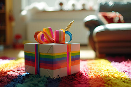 Gift box with rainbow ribbon on a colorful carpet in the living roomの素材