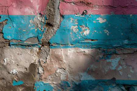 Old grunge cracked wall with painted blue and pink stripes. Abstract backgroundの素材