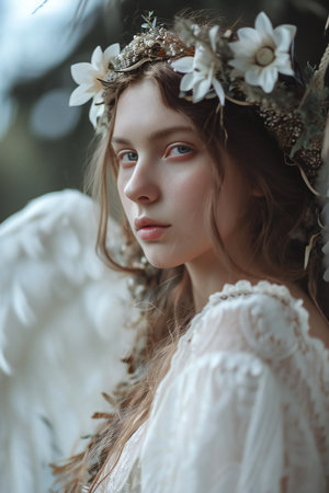 Portrait of a beautiful girl in a wreath of white flowers.の素材