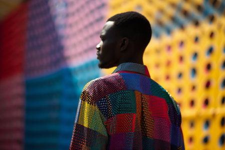 Young african man in colorful shirt standing in front of colourful wall.の素材