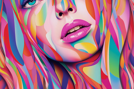 Beautiful girl with pink lips on colorful background.の素材