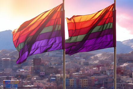 Colorful flags waving in the wind against the background of the city.の素材