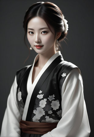 Beautiful asian woman in kimono on gray background, closeupの素材