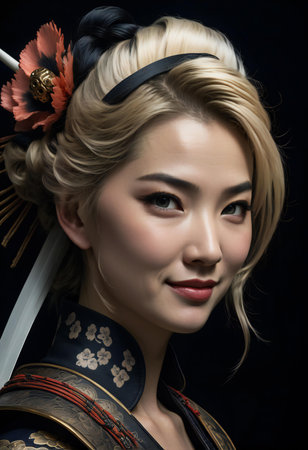 Portrait of a beautiful Japanese geisha on a black background.の素材