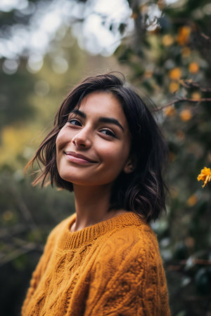 Portrait of a beautiful young girl in a yellow sweater outdoors.の素材