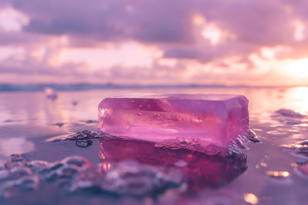 Close up of a piece of pink soap on the beach with sunset backgroundの素材
