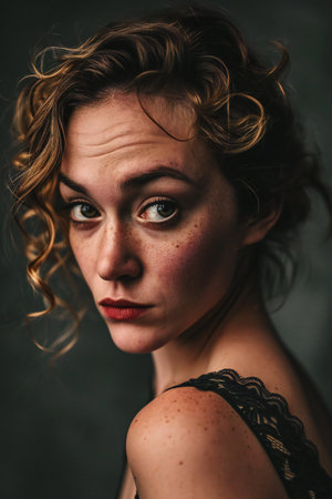 Close-up portrait of a beautiful girl with curly hair in a black dressの素材