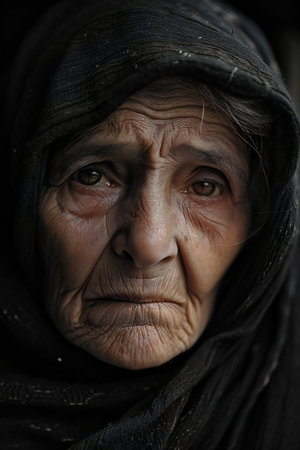 Portrait of an old indian woman in a black veil.の素材