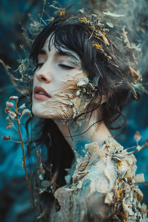 Beautiful young woman with creative make-up and hairstyle posing among dry grassの素材