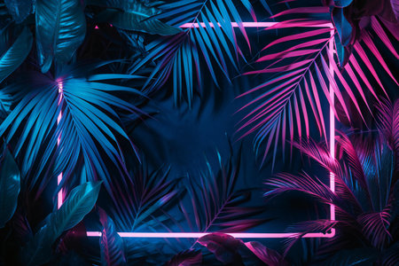 Creative layout made of tropical leaves and neon light. Minimal summer concept.の素材