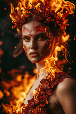 Beautiful young woman with creative make up in the image of Flames.の素材