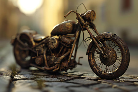 Old rusty motorcycle on the cobblestone pavement in the evening.の素材