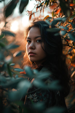 Portrait of a beautiful asian girl in the autumn forest.の素材