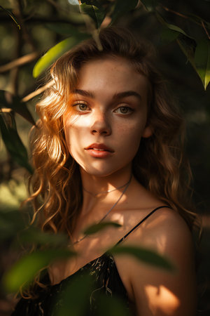 Portrait of a beautiful young girl in a green forest. Beauty, fashion.の素材