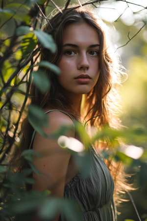 Portrait of a beautiful young woman in a green dress in the forest.の素材