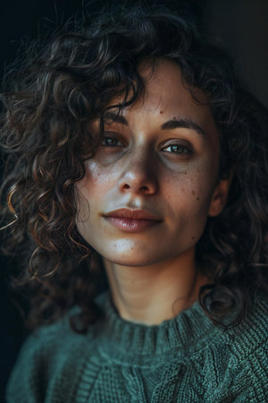Portrait of a beautiful girl with curly hair in a green sweaterの素材