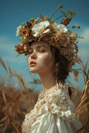 Beautiful girl in a wreath of flowers on a wheat fieldの素材