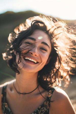 Portrait of a beautiful young woman with flying hair at the beachの素材