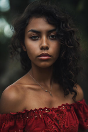 Portrait of a beautiful young woman with curly hair in a red dressの素材