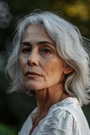 Portrait of a middle-aged woman with gray hair and a white shirtの素材