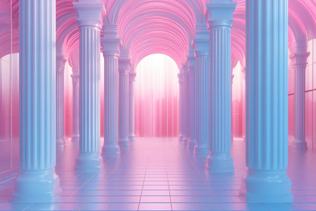 illustration of an empty corridor with columns in pink and blueの素材