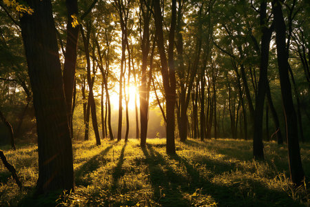 Sunset in the forest. The sun's rays pass through the trees.の素材