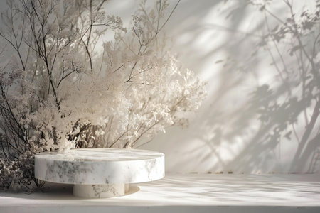 White marble podium for product display and shadow of tree on white background.の素材