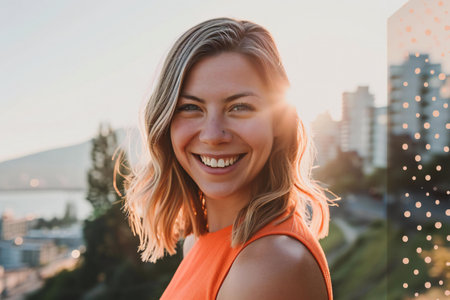 portrait of smiling young woman looking at camera while standing on rooftopの素材