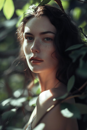 Portrait of a beautiful young woman in the green forest. Beauty, fashion.の素材