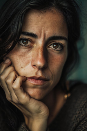 Portrait of a beautiful young woman with long black hair and frecklesの素材