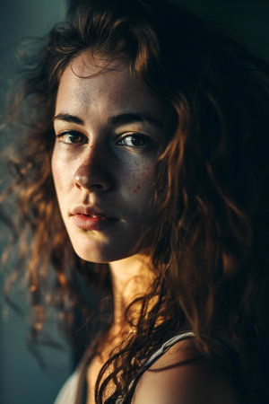 Portrait of a beautiful young woman with freckles on her faceの素材