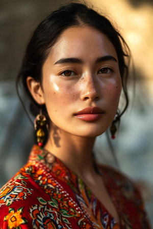 Portrait of a beautiful young asian woman in boho styleの素材